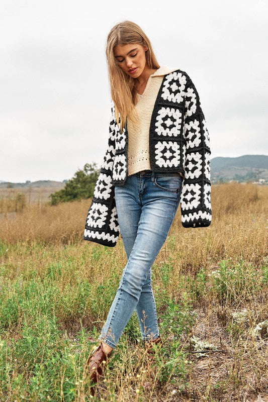 Two-Tone Floral Square Crochet Open Knit Cardigan - Next Pick Collection