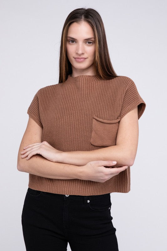 Mock Neck Short Sleeve Cropped Sweater - Next Pick Collection