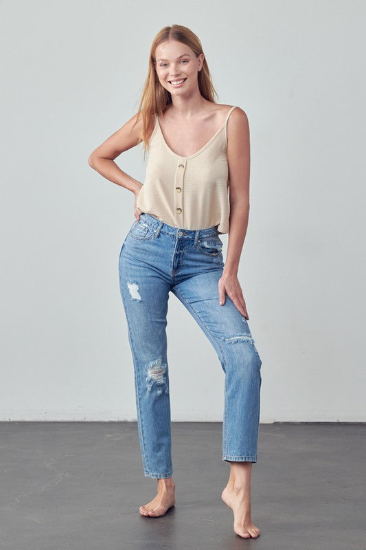 High Rise Distressed Straight Jeans - Next Pick Collection