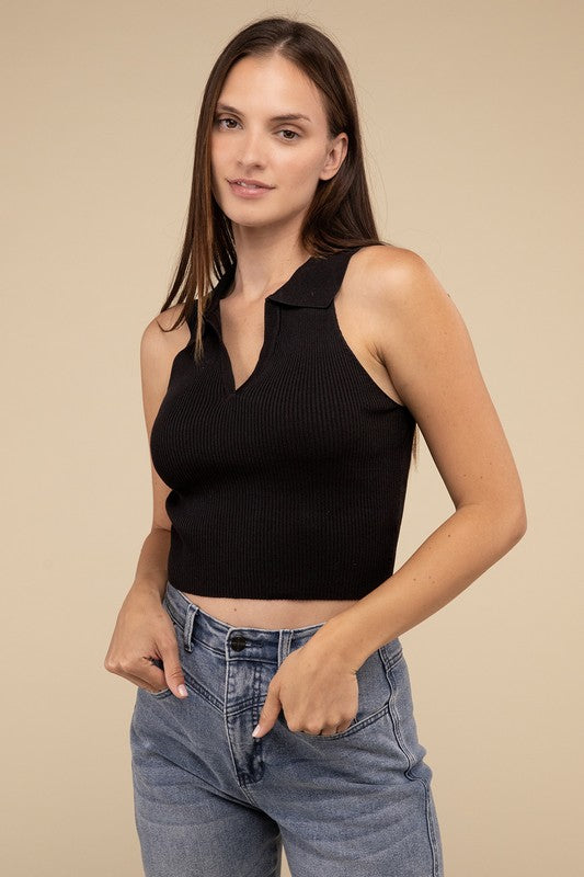 Sleeveless Collared Crop Knit Top - Next Pick Collection