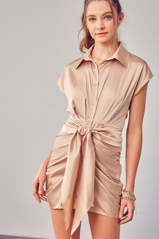 Collar Button Up Front Tie Dress - Next Pick Collection