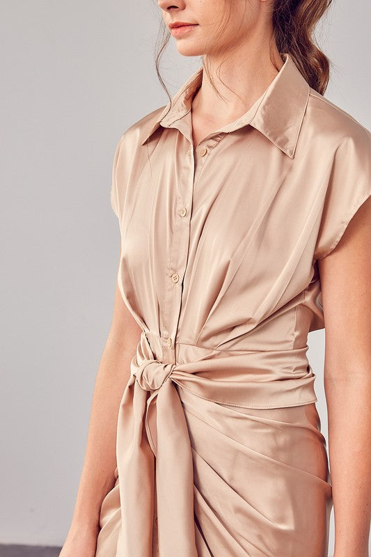 Collar Button Up Front Tie Dress - Next Pick Collection