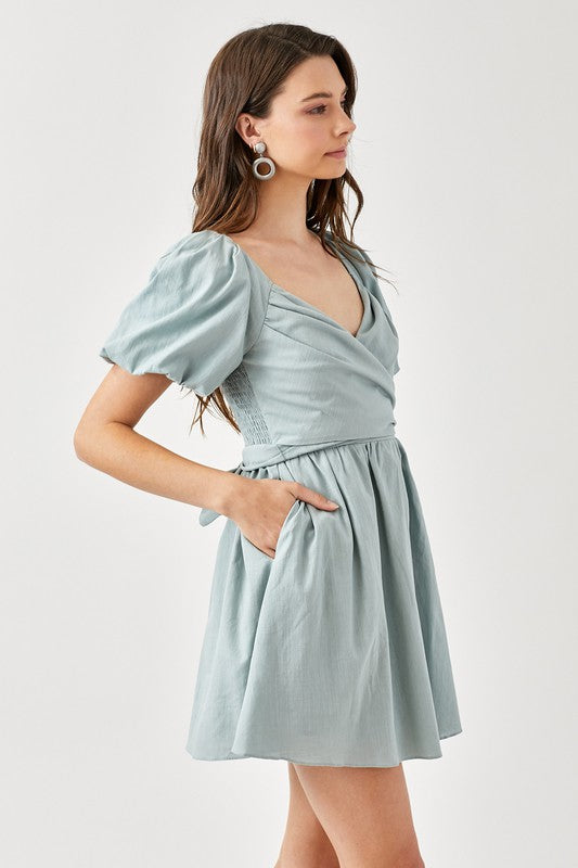 Cross Wrap Front Puff Sleeve Dress - Next Pick Collection