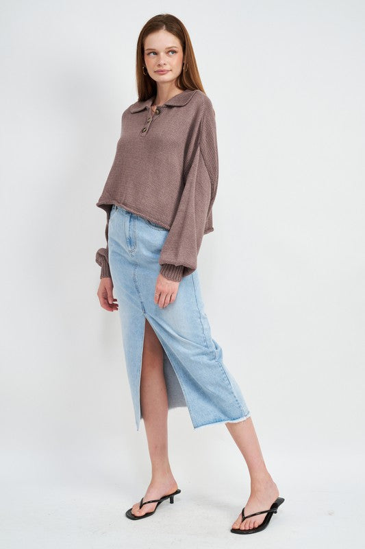 BUTTON UP BOXY CROPPED SWEATER