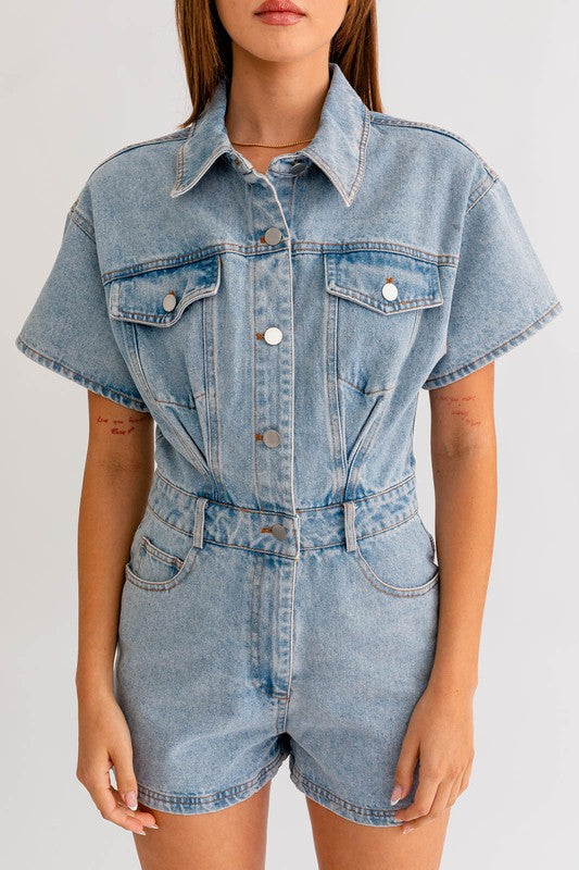 Short Sleeve Denim Romper - Next Pick Collection