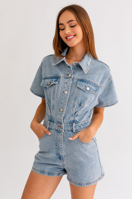 Short Sleeve Denim Romper - Next Pick Collection