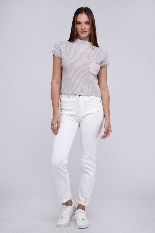 Mock Neck Short Sleeve Cropped Sweater - Next Pick Collection