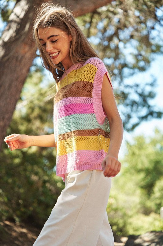 Crochet Multi Striped Pullover Knit Sweater Vest - Next Pick Collection