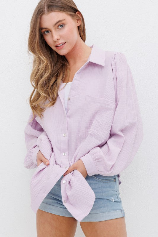 TEXTURED GAUZE BUTTON DOWN PUFF SLEEVES BLOUSE TOP