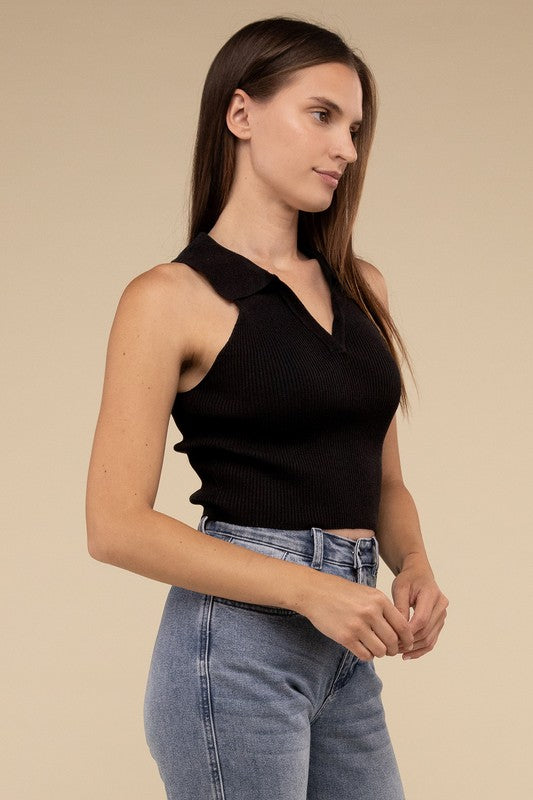 Sleeveless Collared Crop Knit Top - Next Pick Collection