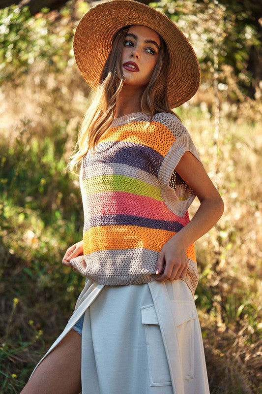 Crochet Multi Striped Pullover Knit Sweater Vest - Next Pick Collection