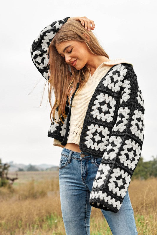 Two-Tone Floral Square Crochet Open Knit Cardigan - Next Pick Collection