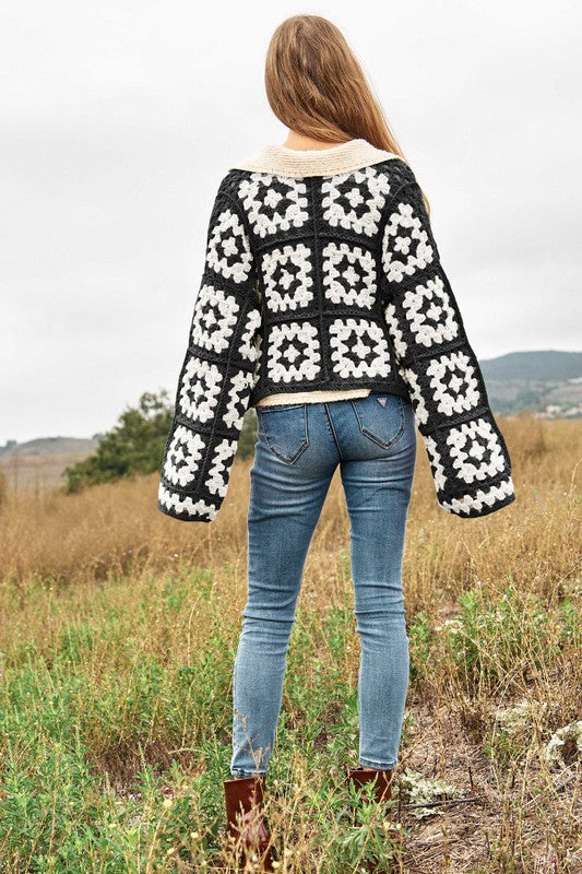 Two-Tone Floral Square Crochet Open Knit Cardigan - Next Pick Collection