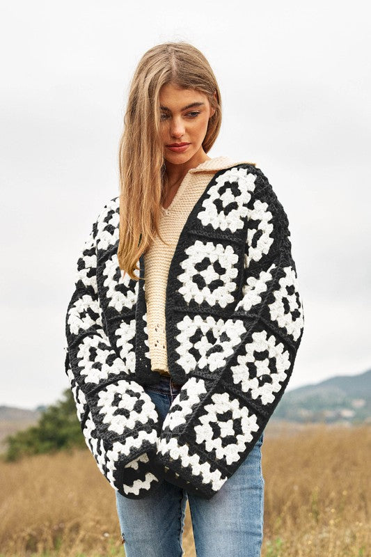 Two-Tone Floral Square Crochet Open Knit Cardigan - Next Pick Collection