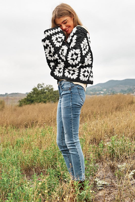 Two-Tone Floral Square Crochet Open Knit Cardigan - Next Pick Collection