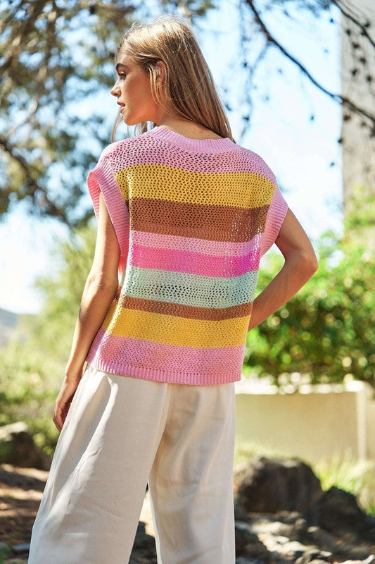 Crochet Multi Striped Pullover Knit Sweater Vest - Next Pick Collection