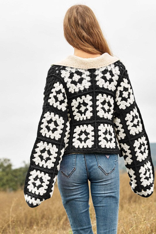 Two-Tone Floral Square Crochet Open Knit Cardigan - Next Pick Collection