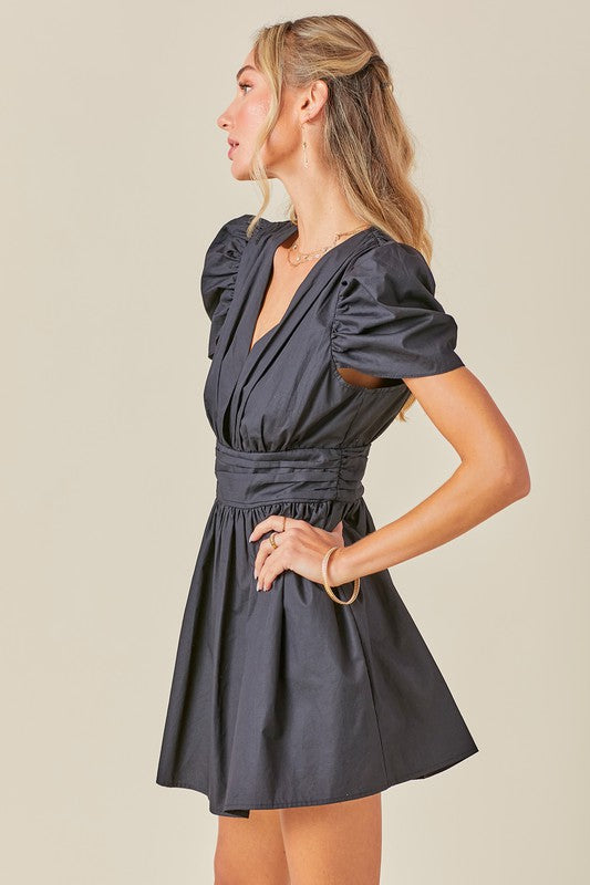 V NECK RUCHED WAIST PUFF SLEEVE ROMPER DRESS - Next Pick Collection