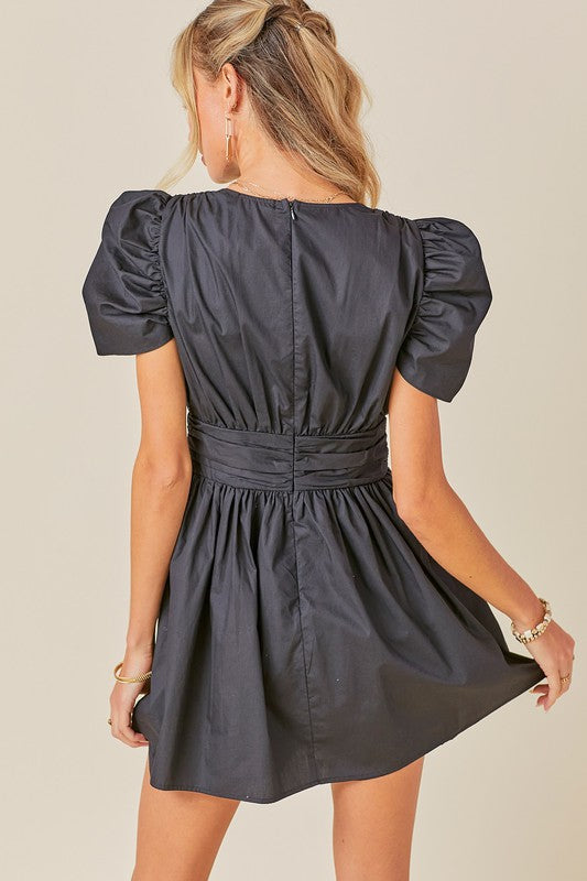 V NECK RUCHED WAIST PUFF SLEEVE ROMPER DRESS - Next Pick Collection