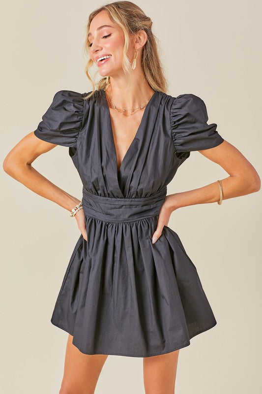 V NECK RUCHED WAIST PUFF SLEEVE ROMPER DRESS - Next Pick Collection