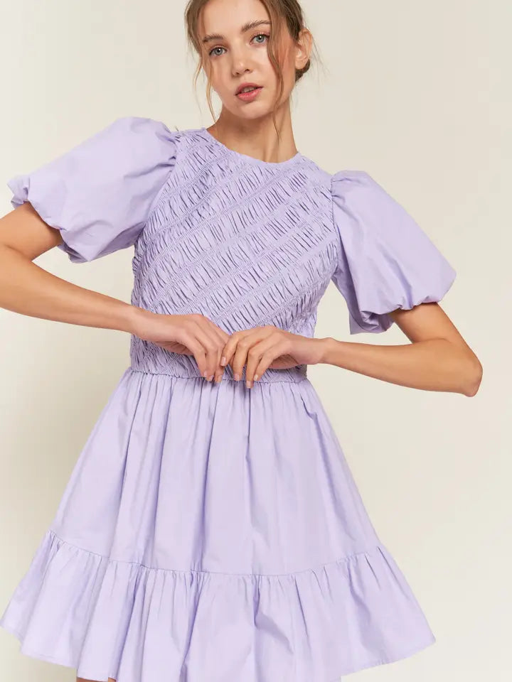 LAVENDER PUFFED SLEEVE BOHO MINI DRESS - Next Pick Collection