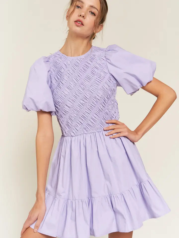 LAVENDER PUFFED SLEEVE BOHO MINI DRESS - Next Pick Collection