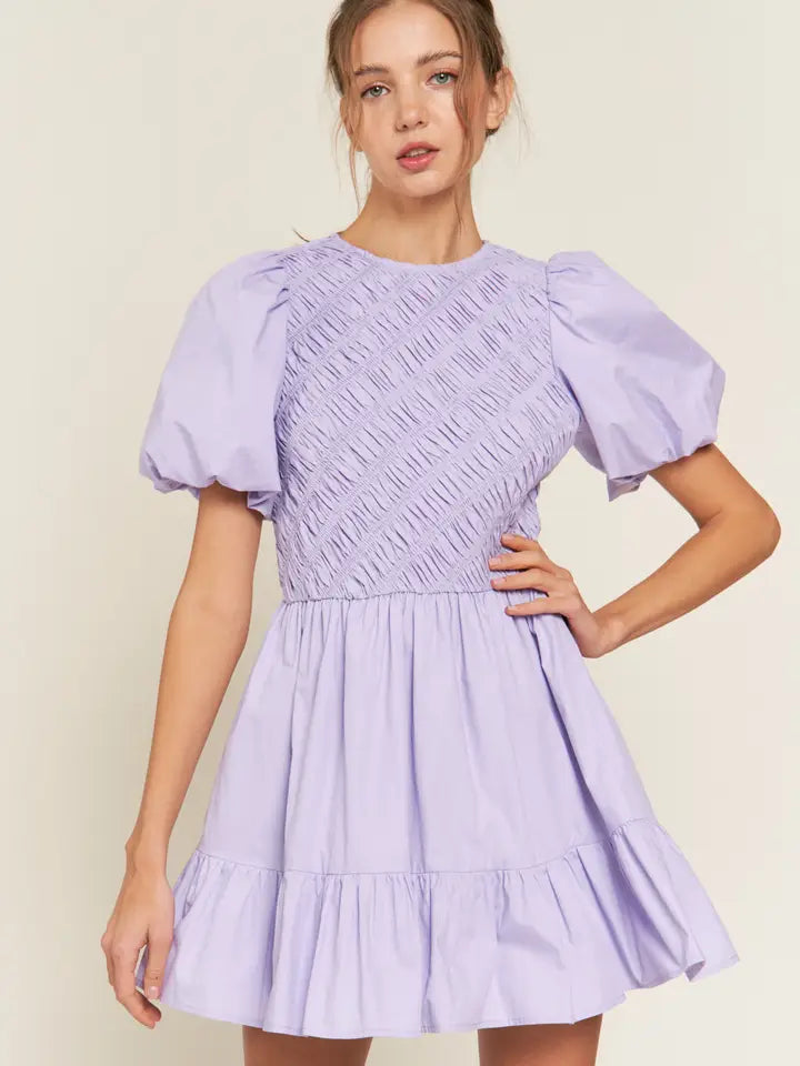 LAVENDER PUFFED SLEEVE BOHO MINI DRESS - Next Pick Collection