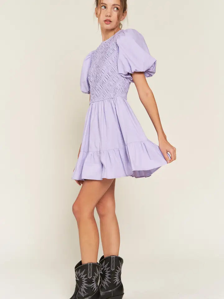 LAVENDER PUFFED SLEEVE BOHO MINI DRESS - Next Pick Collection