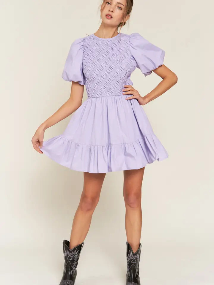 LAVENDER PUFFED SLEEVE BOHO MINI DRESS - Next Pick Collection