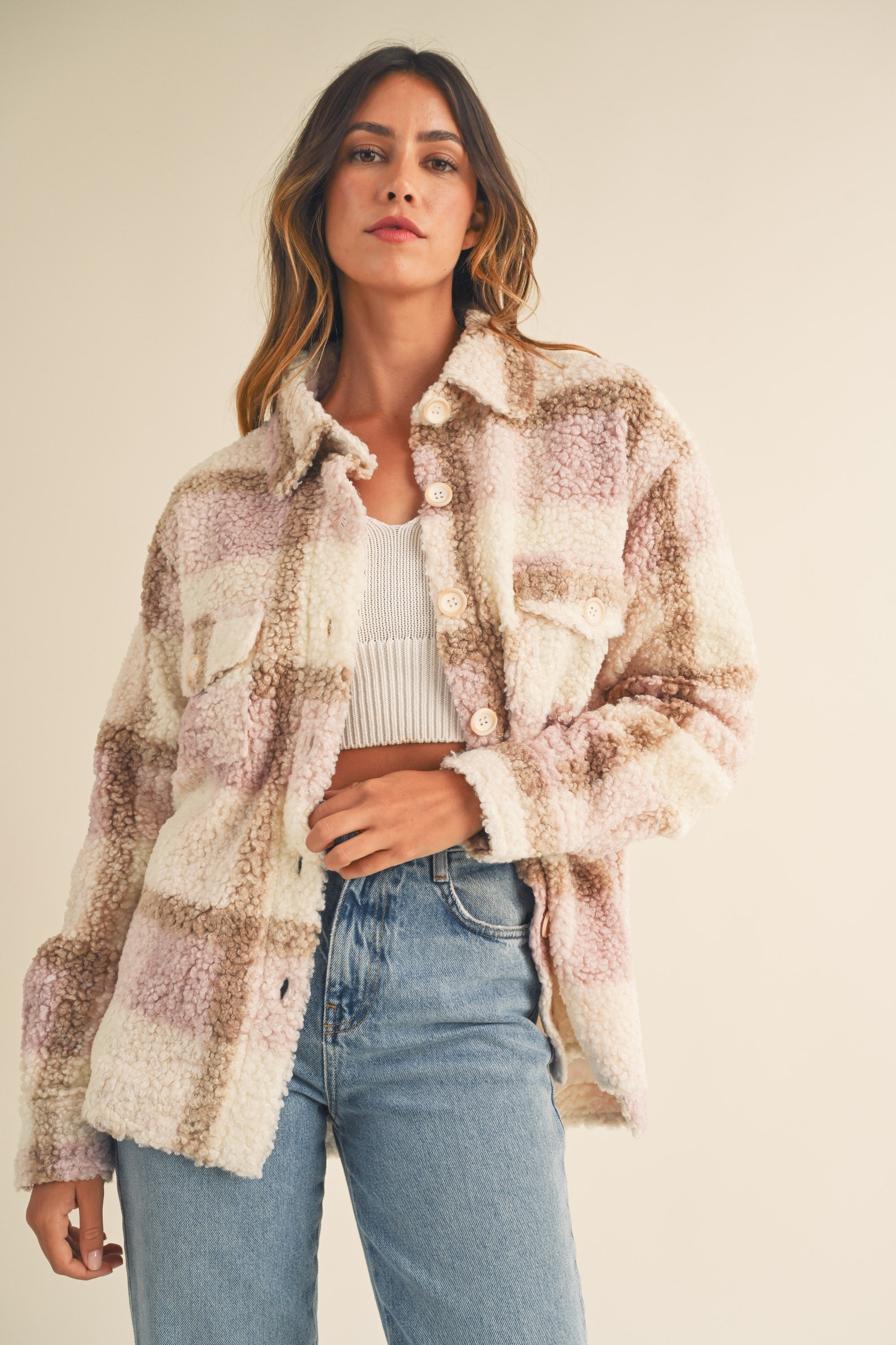 OVERSIZED PLAID TEDDY SHERPA SHACKET - Next Pick Collection