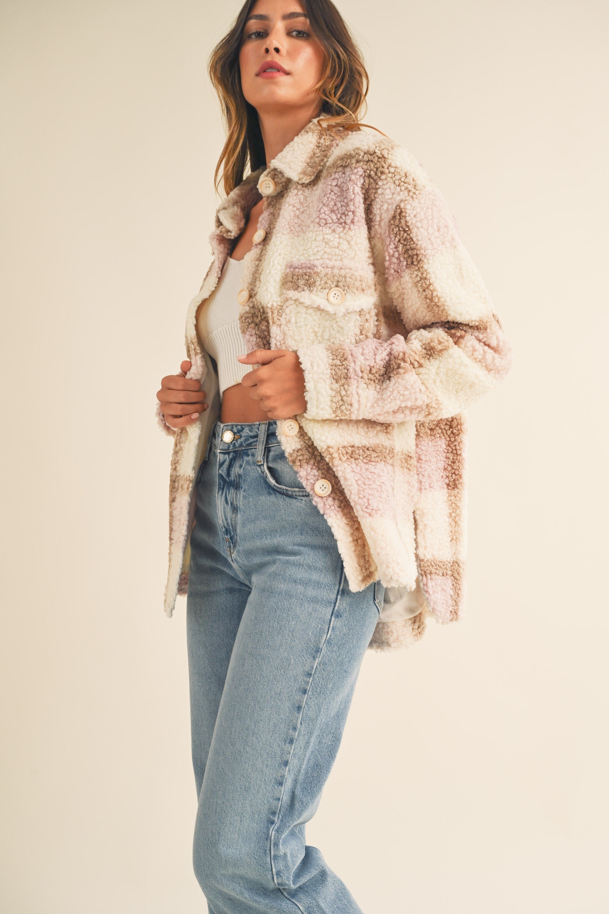 OVERSIZED PLAID TEDDY SHERPA SHACKET - Next Pick Collection