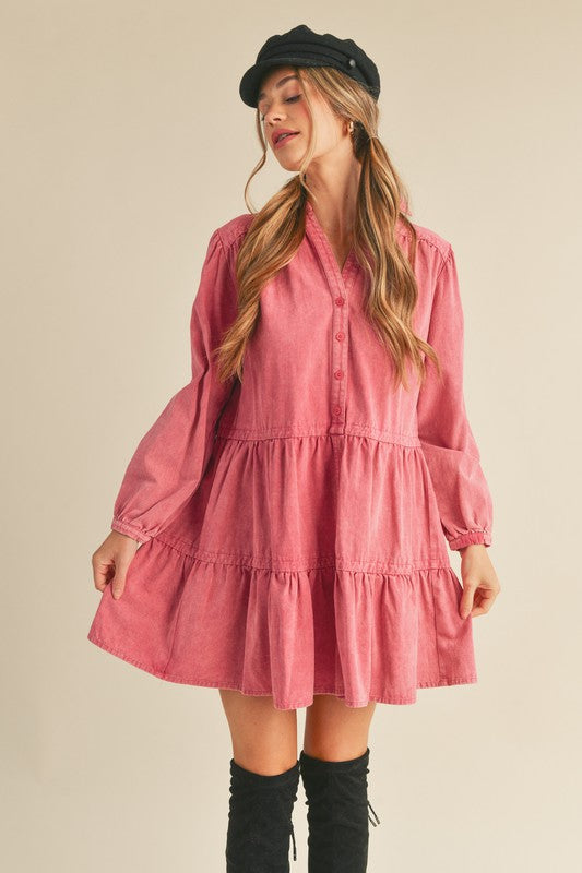 TIERED BUTTON DOWN WASHED DENIM MINI DRESS - Next Pick Collection