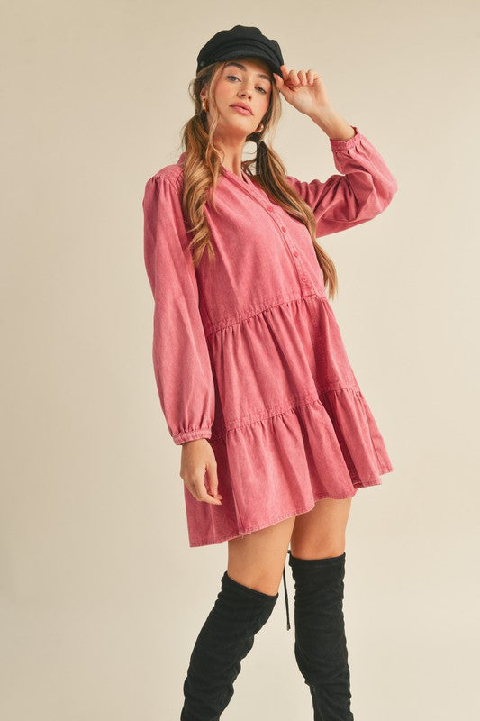 TIERED BUTTON DOWN WASHED DENIM MINI DRESS - Next Pick Collection