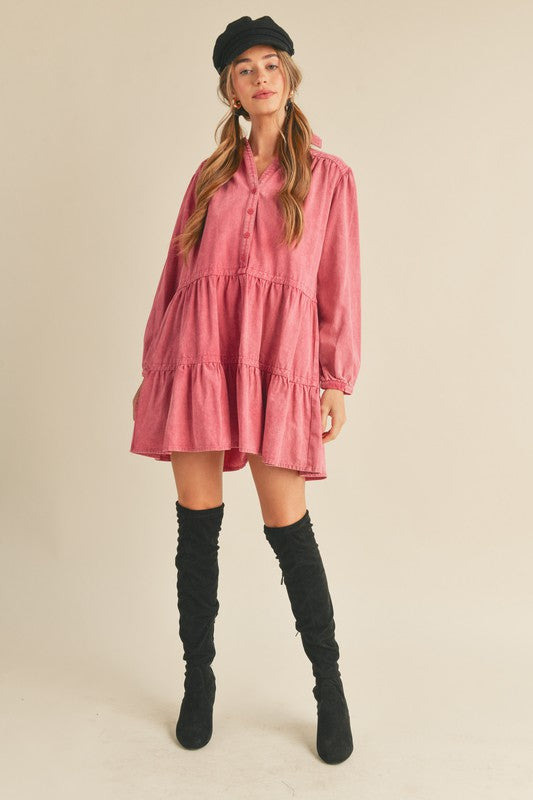 TIERED BUTTON DOWN WASHED DENIM MINI DRESS - Next Pick Collection