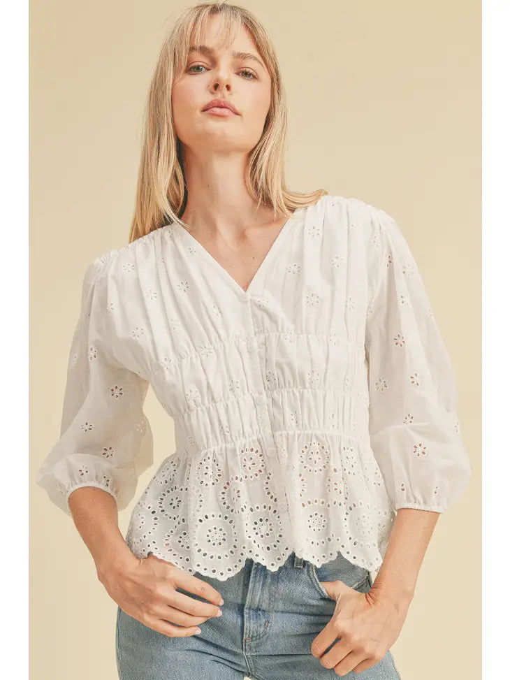 FRONT SHIRRING EYELET 3/4 SLEEVE TOP - Next Pick Collection