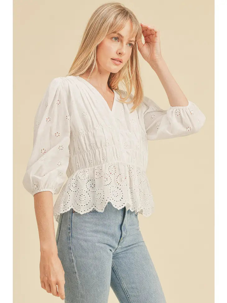 FRONT SHIRRING EYELET 3/4 SLEEVE TOP - Next Pick Collection