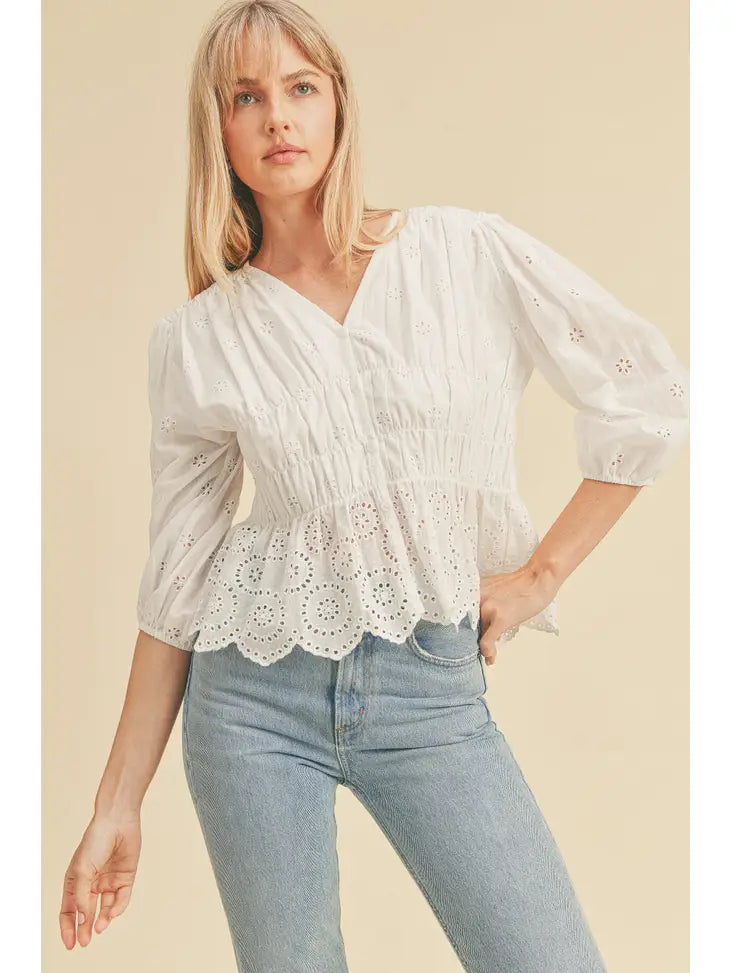 FRONT SHIRRING EYELET 3/4 SLEEVE TOP - Next Pick Collection