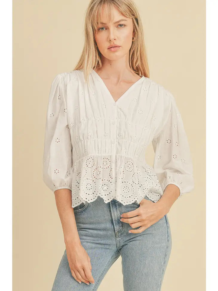 FRONT SHIRRING EYELET 3/4 SLEEVE TOP - Next Pick Collection