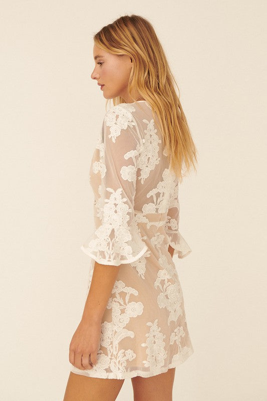 FLORAL LACE SHEER CHIFFON SURPLICE NECK MINI DRESS - Next Pick Collection