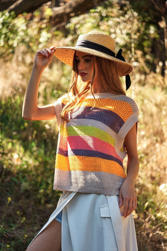 Crochet Multi Striped Pullover Knit Sweater Vest - Next Pick Collection