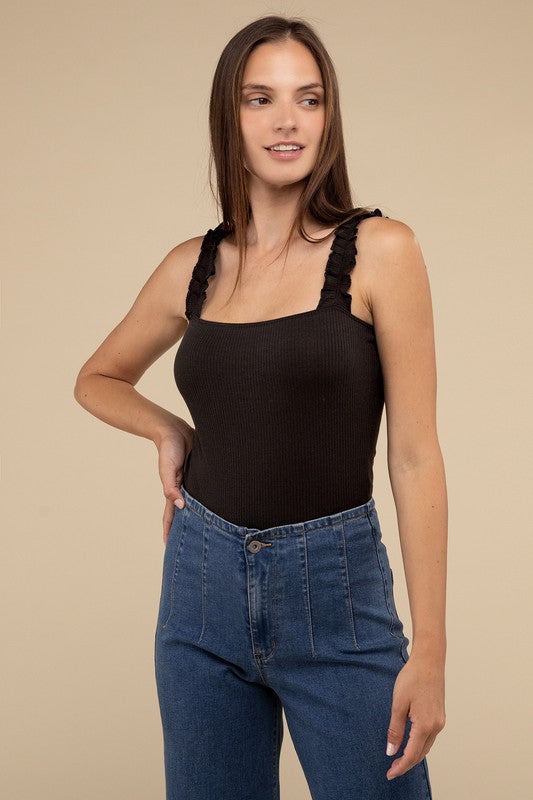 Ribbed Ruffle Strap Bodysuit - Next Pick Collection