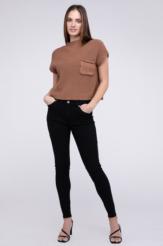 Mock Neck Short Sleeve Cropped Sweater - Next Pick Collection