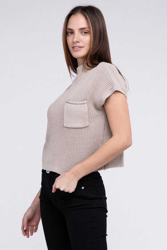 Mock Neck Short Sleeve Cropped Sweater - Next Pick Collection