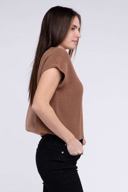 Mock Neck Short Sleeve Cropped Sweater - Next Pick Collection