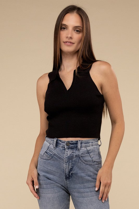 Sleeveless Collared Crop Knit Top - Next Pick Collection