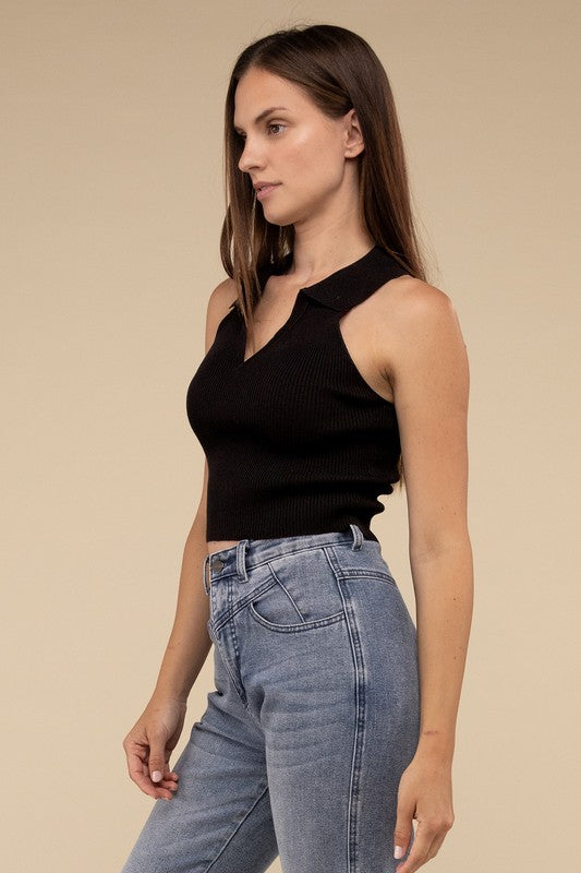 Sleeveless Collared Crop Knit Top - Next Pick Collection