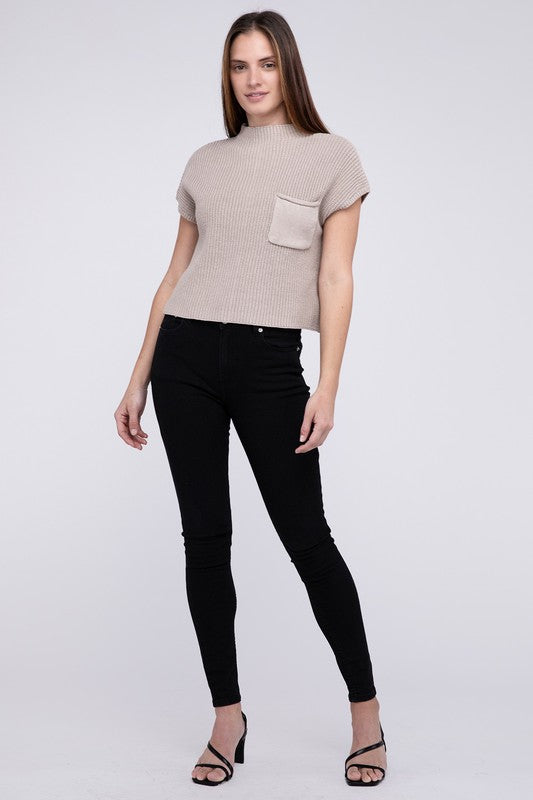 Mock Neck Short Sleeve Cropped Sweater - Next Pick Collection